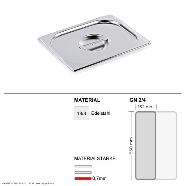 Gastronorm Deckel GN 2/4 - GN90 - 18/8 Edelstahl - 0,7mm