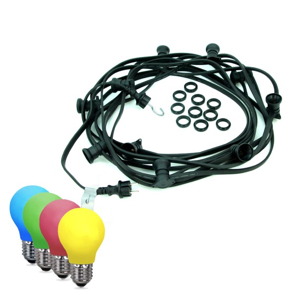ILLU-Lichterkette BLACKY - 20m - 20xE27 | IP44 | bunte LED Tropfenlampen | SATISFIRE