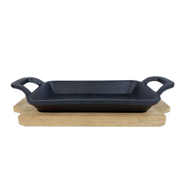 Gusspfanne mit 2 Griffen und Holzuntersetzer - Gusseisen - L: 22,5cm - Servierpfanne