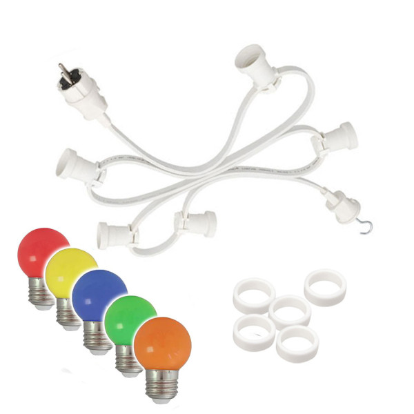 Illu-/Partylichterkette 5m - Außenlichterkette weiß - Made in Germany - 10 x bunte LED Kugellampen