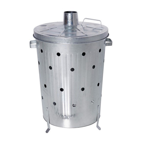 Verbrennungstonne verzinkt - 75 Liter - D: 44cm - H: 71,5cm - Deckel, Griffe und Füße