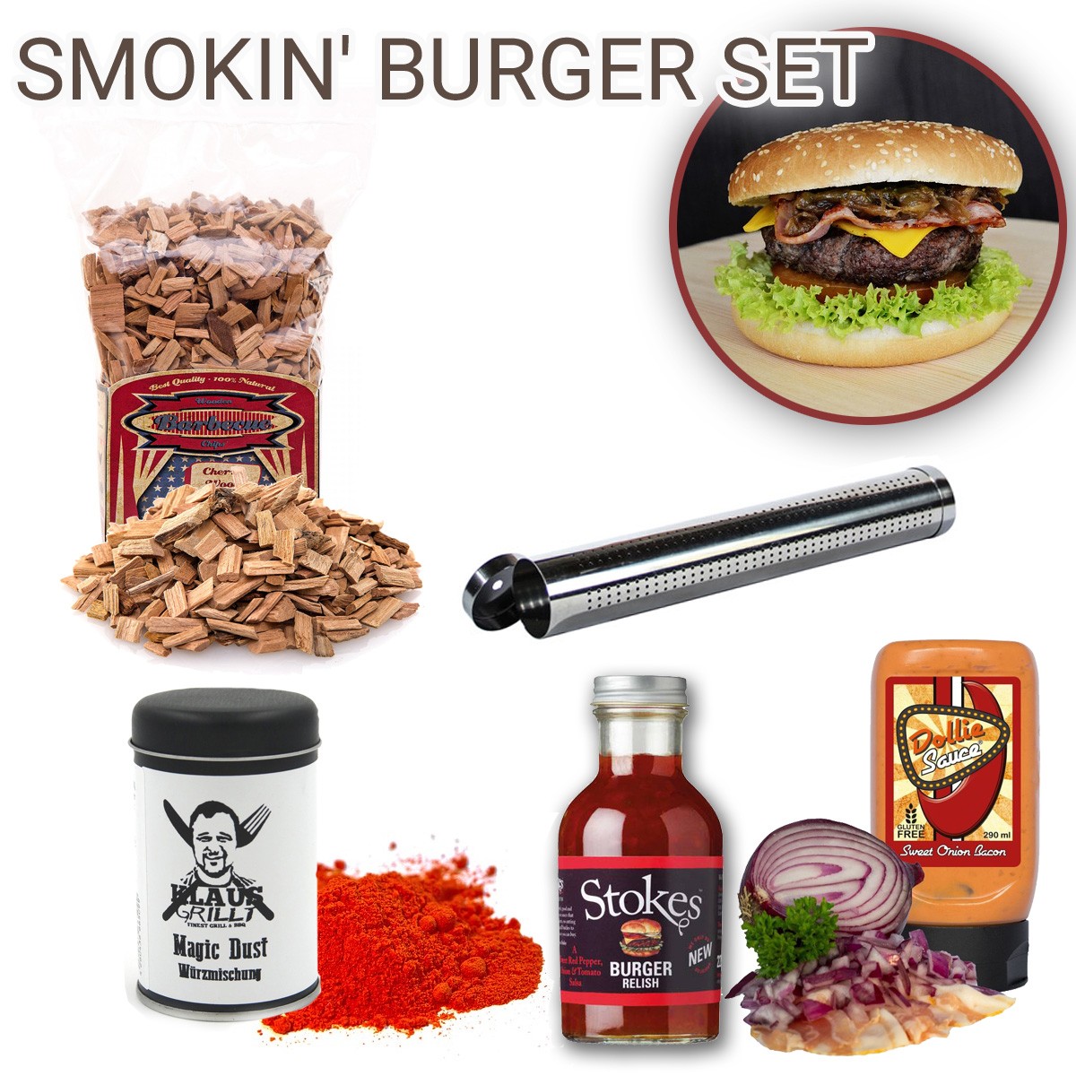 GRILL-EXPERTE.de SMOKIN' Burger Set - Rub Magic Dust + Räuchrchips Kirsche + Smokepipe + 2 Saucen