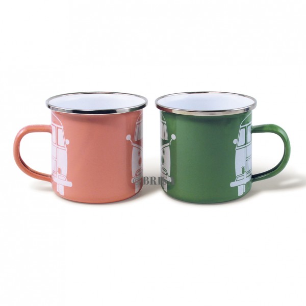 VW Collection Emaille Tassen SET "VW GREEN/ROSE" - 350ml - mit Edelstahlrand