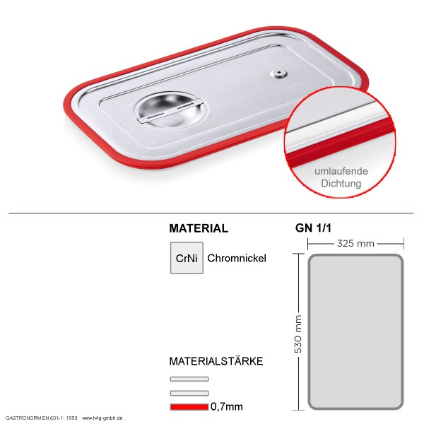 Gastronorm GN 1/1 Transportdeckel - umlaufender Silikon Dichtungsring - Chromnickelstahl