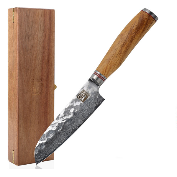 ZAYIKO Damastmesser "OLIVE kleines Santoku" - 12cm Klinge - Griff: Olivemholz - VG-10 Stahlkern