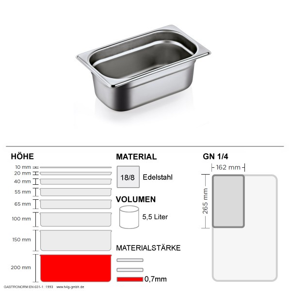 Gastronorm Behälter GN 1/4 - 200mm - GN90 - 18/8 Edelstahl - 0,7mm