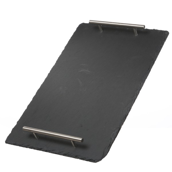 Serviertablett SCHIEFER - Servierplatte mit 2 Metallgriffen - rechteckig - 40x25cm - schwarz