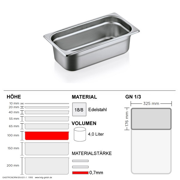 Gastronorm Behälter GN 1/3 - 100mm - GN90 - 18/8 Edelstahl - 0,7mm