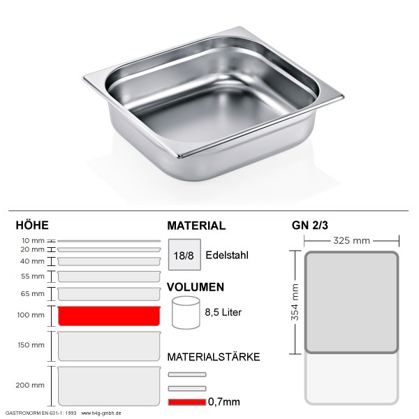 Gastronorm Behälter GN 2/3 - 100mm - GN90 - 18/8 Edelstahl - 0,7mm
