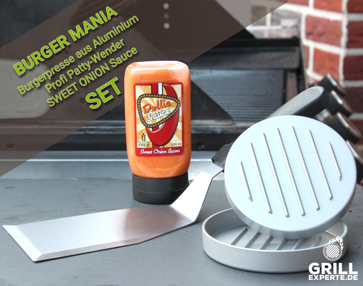 GRILL-EXPERTE.de BURGER MANIA SET - Pattypresse, Pattywender, Dollie Sauce Sweet Onion
