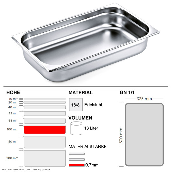 Gastronorm Behälter GN 1/1 - 100mm - GN90 - 18/8 Edelstahl - 0,7mm