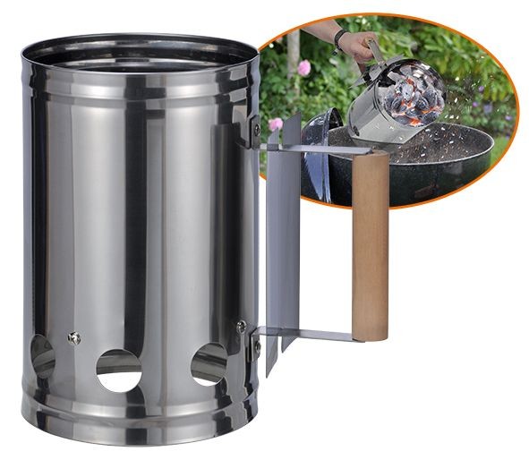 Anzündkamin aus Edelstahl für Kohle und Briketts - 17cm Durchm. - 27cm hoch - Hitzeschutz