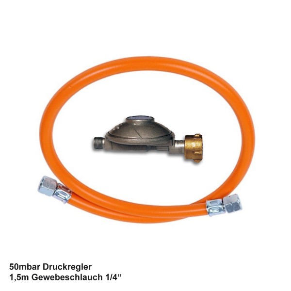 Universal Gas Anschlusskit 50mbar mit 1,5m Gewebeschlauch 1/4" Innengewinde