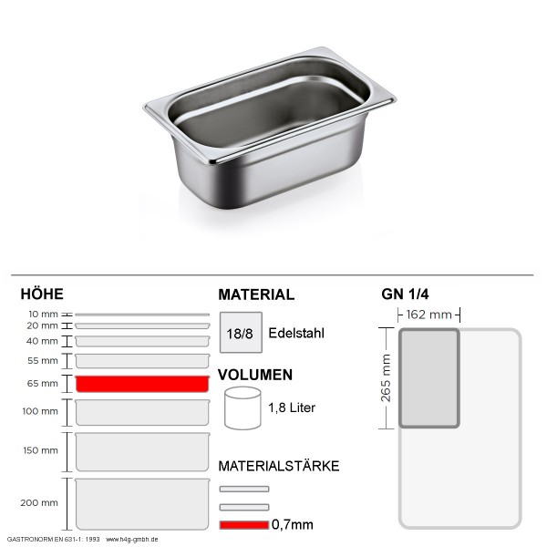 Gastronorm Behälter GN 1/4 - 65mm - GN90 - 18/8 Edelstahl - 0,7mm