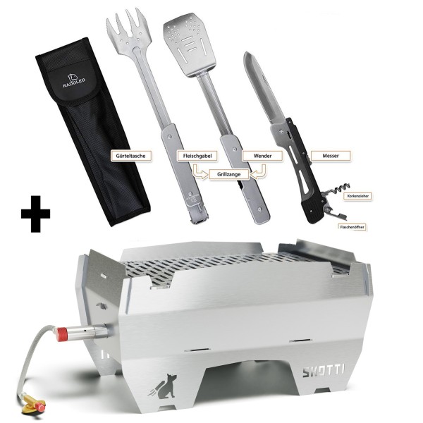 SKOTTI + GENIUS Set - Premium Kompaktgrill + Edelstahl BBQ Klappbesteck 6-in-1