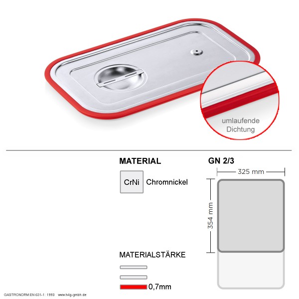 Gastronorm GN 2/3 Transportdeckel - umlaufender Silikon Dichtungsring - Chromnickelstahl