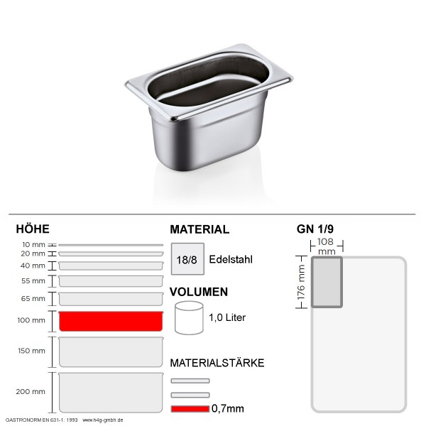 Gastronorm Behälter GN 1/9 - 100mm - GN90 - 18/8 Edelstahl - 0,7mm