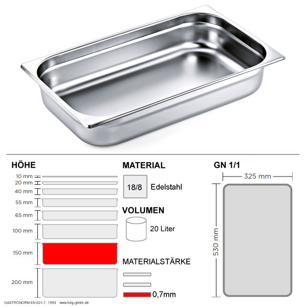 Gastronorm Behälter GN 1/1 - 150mm - GN90 - 18/8 Edelstahl - 0,7mm.