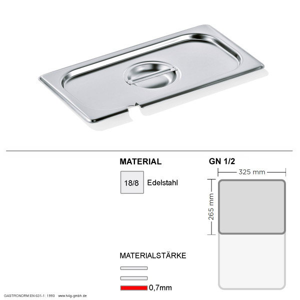 Gastronorm Deckel GN 1/2 - mit Löffelaussparung - GN90 - 18/8 Edelstahl - 0,7 mm