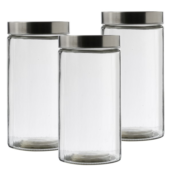Vorratsdose L - Glas mit Edelstahldeckel - 1,7 Liter - D: 11cm - H: 22cm - 3er Set