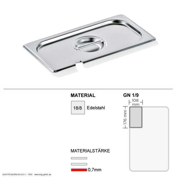 Gastronorm Deckel GN 1/9 - mit Löffelaussparung - GN90 - 18/8 Edelstahl - 0,7mm