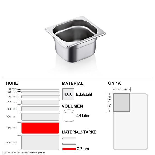 Gastronorm Behälter GN 1/6 - 150mm - GN90 - 18/8 Edelstahl - 0,7mm