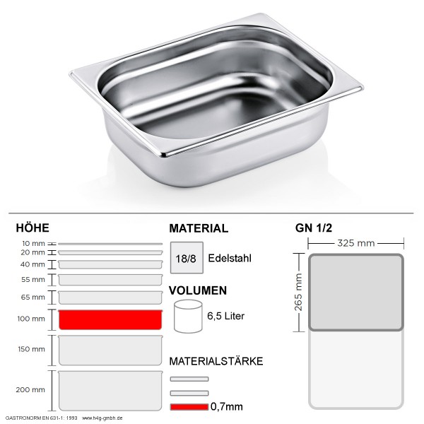 Gastronorm Behälter GN 1/2 - 100mm - GN90 - 18/8 Edelstahl - 0,7mm