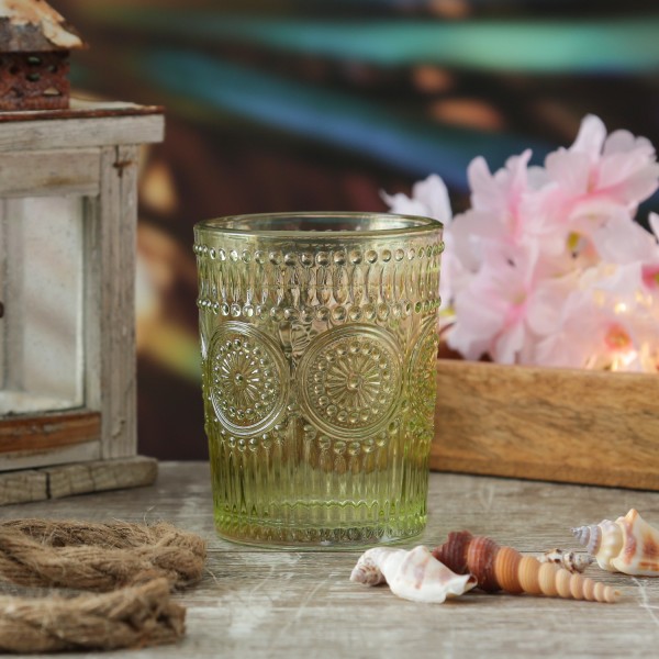 Trinkgläser Vintage mit Blumenmuster - Glas - 280ml - H: 10cm - Bohostil - grün - 4er Set