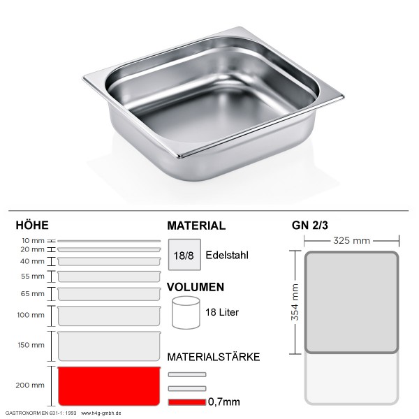 Gastronorm Behälter GN 2/3 - 200mm - GN90 - 18/8 Edelstahl - 0,7mm