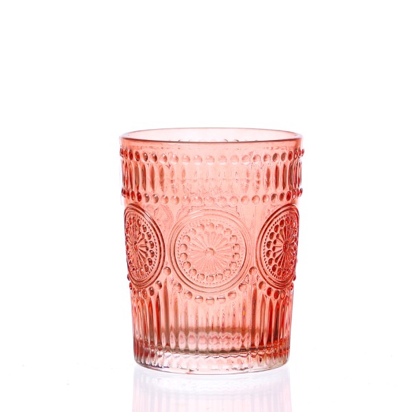 Trinkglas Vintage mit Blumenmuster - Glas - 280ml - H: 10cm - Bohostil - rot/rosa