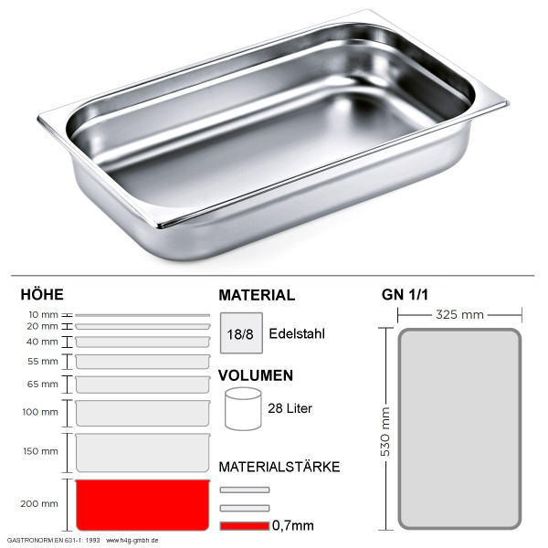 Gastronorm Behälter GN 1/1 - 200mm - GN90 - 18/8 Edelstahl - 0,7mm