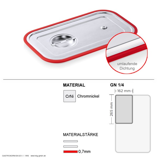 Gastronorm GN 1/4 Transportdeckel - umlaufender Silikon Dichtungsring - Chromnickelstahl