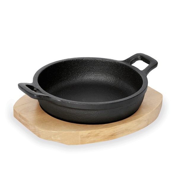 Gusspfanne mit 2 Griffen u. Holzuntersetzer - Gusseisen - D: 18cm - Servierpfanne - rund