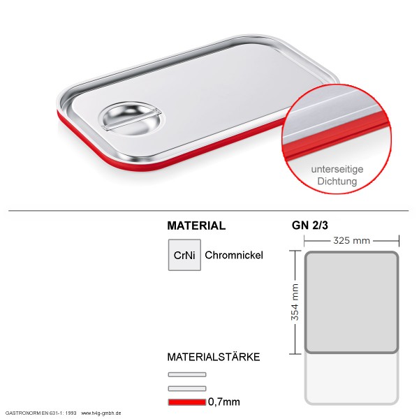 Gastronorm GN 2/3 Transportdeckel - unterseitiger Silikon Dichtungsring - Chromnickelstahl