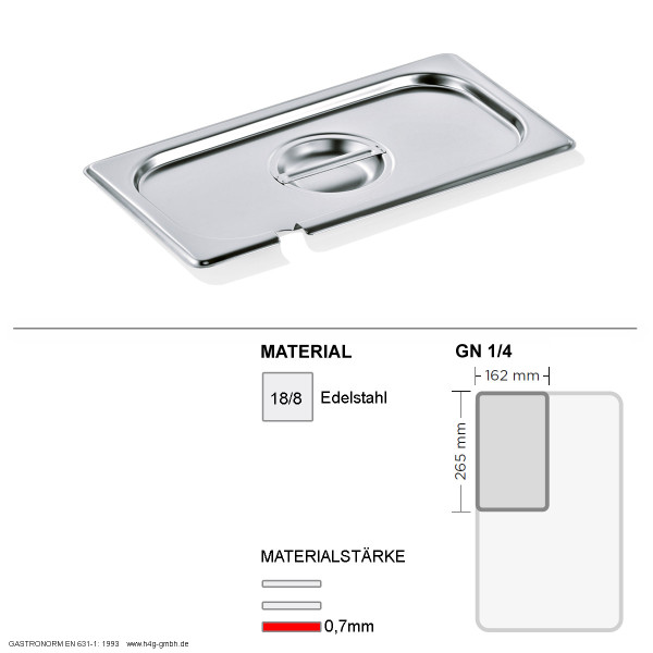 Gastronorm Deckel GN 1/4 - mit Löffelaussparung - GN90 - 18/8 Edelstahl - 0,7mm