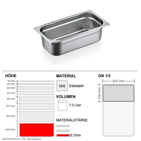 Gastronorm Behälter GN 1/3 - 200mm - GN90 - 18/8 Edelstahl - 0,7mm