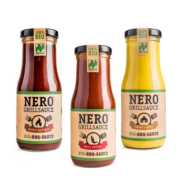 NERO BIO Grillsaucen - 3er Set - SWEET CURRY - SPICY PEPPER - SMOKY MUSTARD - je 250g Gläser