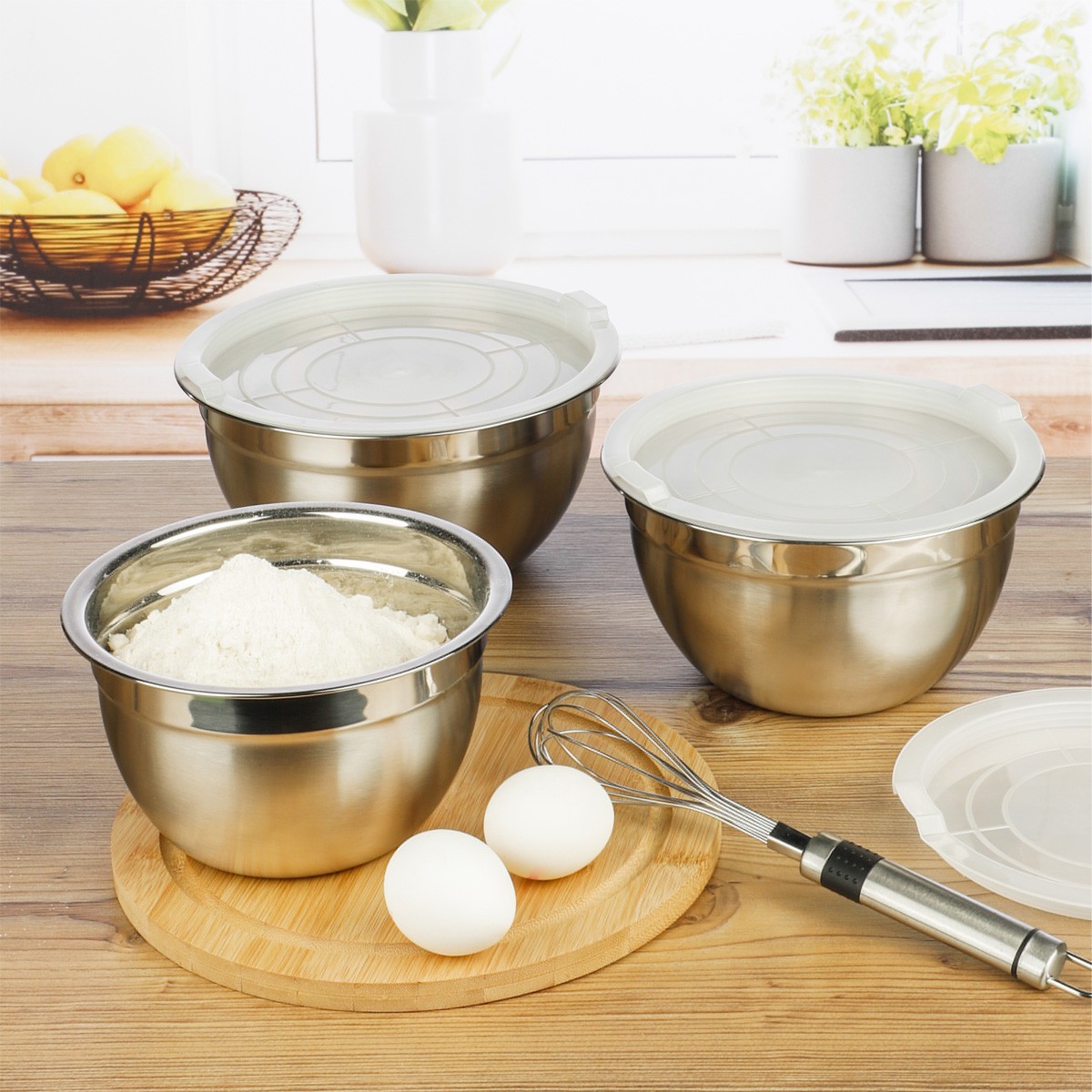 HI Rührschüssel - Edelstahl - Kunststoffdeckel - Marinierschüssel - D: 18cm D: 20cm D: 22cm - 3er Set