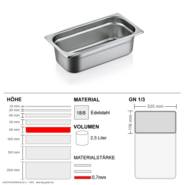 Gastronorm Behälter GN 1/3 - 65mm - GN90 - 18/8 Edelstahl - 0,7mm