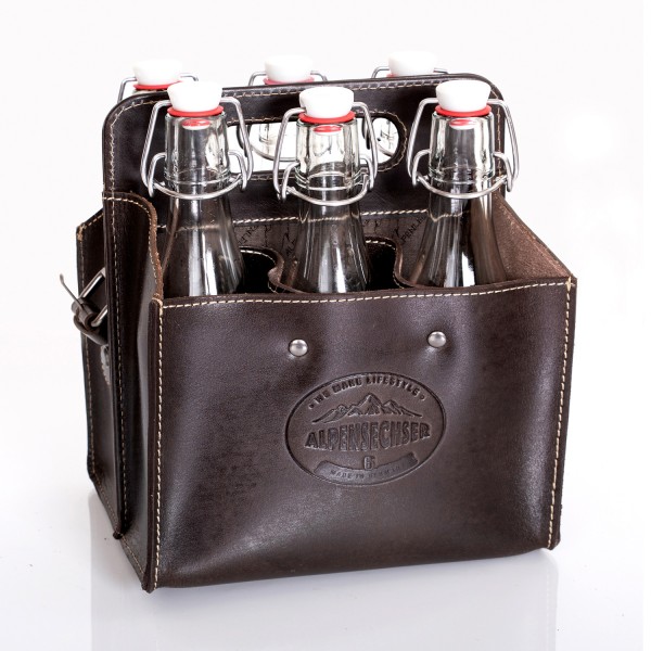 ALPENLEDER Alpensechser - Getränkehandtasche/Halter für 6 Flaschen - stabiles Sattlerleder