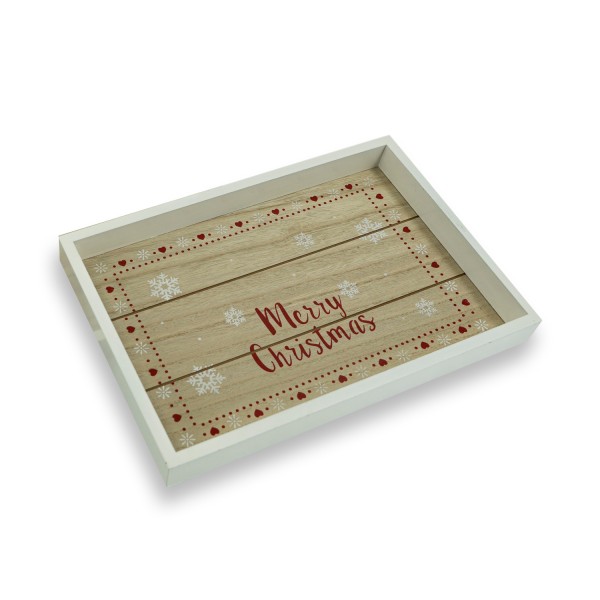 Tablett MERRY CHRISTMAS - Dekotablett - Holz - L: 30cm - B: 20cm - weiß, rot, natur