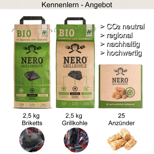 NERO Kennenlern Set - 2,5kg BIO Holzkohle, 2,5kg BIO Grillbriketts, 25 Anzünder aus Holzwolle