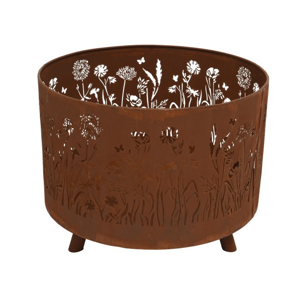 Feuerkorb BLUMENWIESE - Rostoptik - runde Feuerschale - Metall - H: 40cm - D: 50cm - für Außen