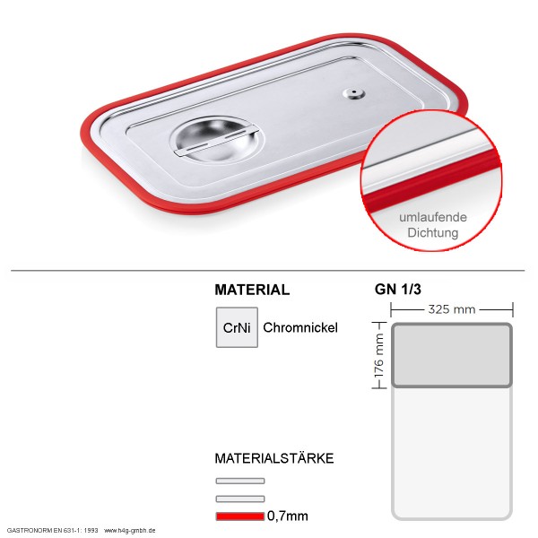 Gastronorm GN 1/3 Transportdeckel - umlaufender Silikon Dichtungsring - Chromnickelstahl